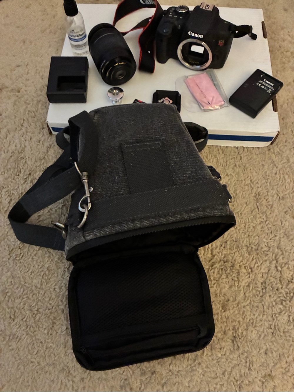 Camera -Crossbody Bag - lens - Storage card - tri pod mount - 2 battery recharge
